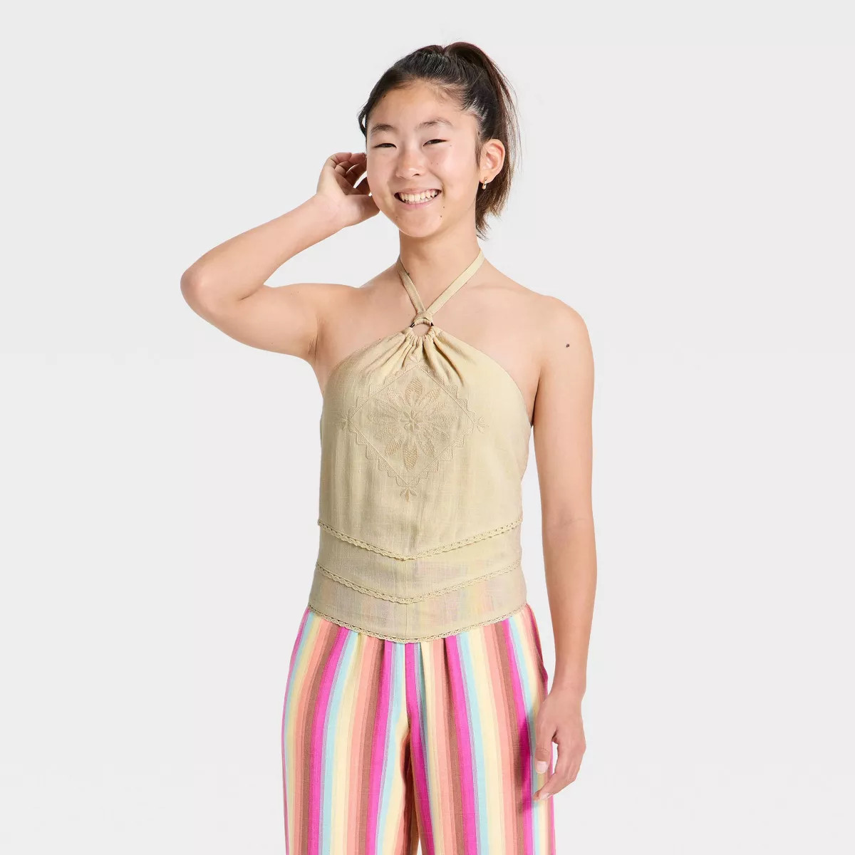 Girls' Woven Handkerchief Halter Top - art class™ Brown/Pink M | Target