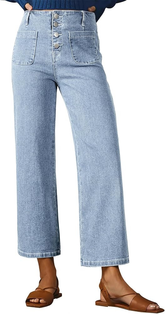 Sidefeel Women's Wide Leg Jeans High Waisted Zimbaplatinum Stretchy Straight Leg Jeans Buttoned L... | Amazon (US)
