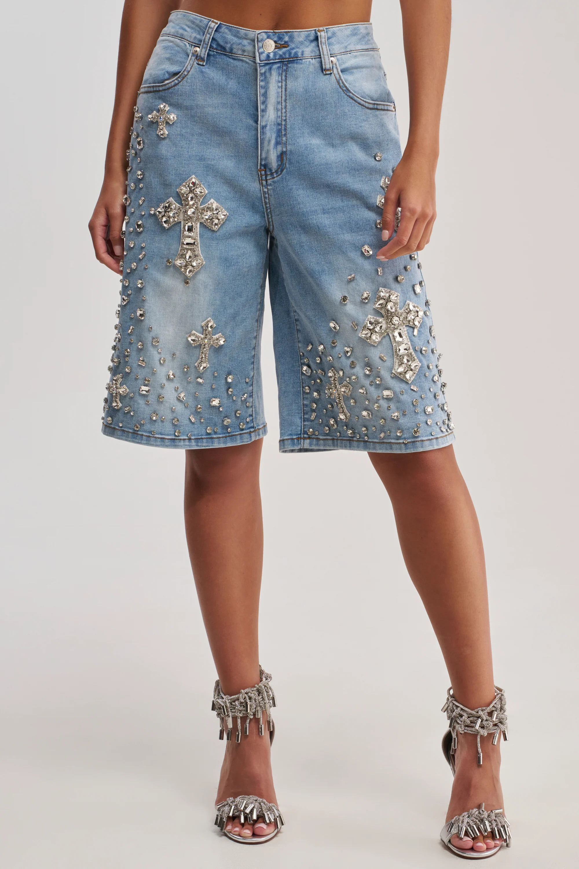 AKIRA Blessed Rhinestone Bermuda | Light Blue | Size Small | AKIRA