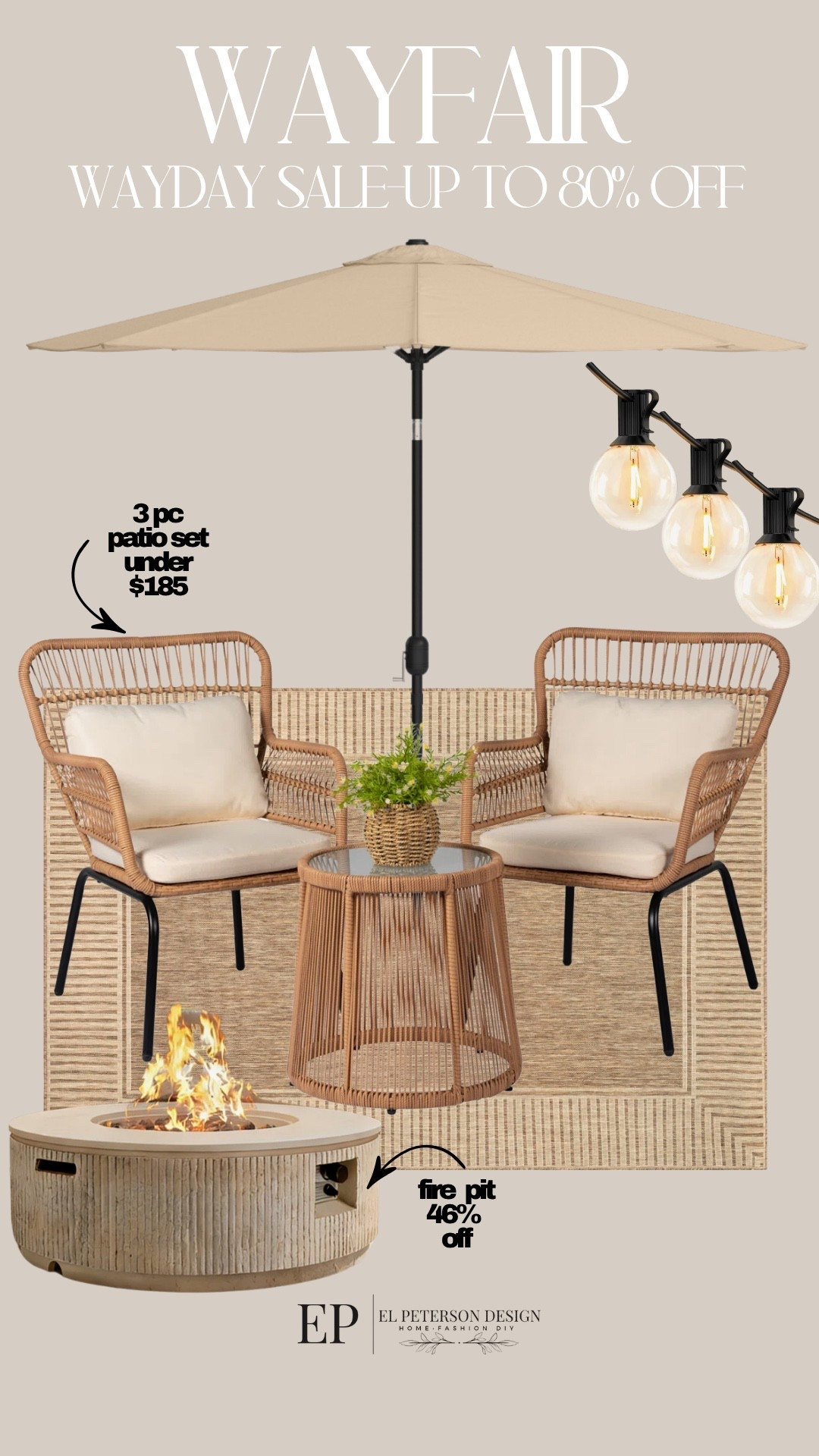 Wayfair Wayday Sale
Last Day
3 pc outdoor set
Rug
Fire pit
String light
Outdoor umbrella 

#LTKHome #LTKSaleAlert