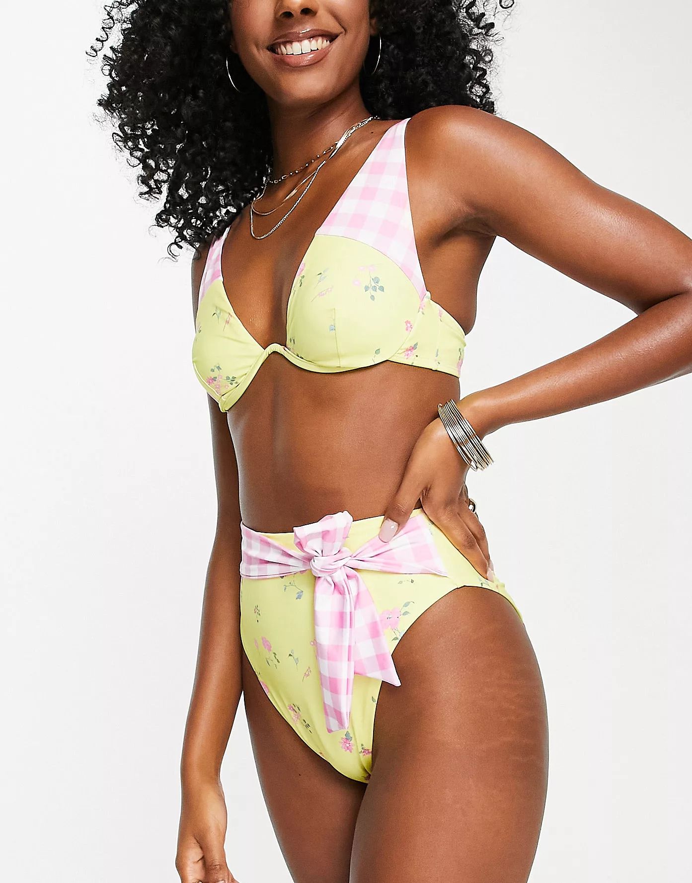 ASOS DESIGN v wire bikini top in mixed floral and gingham print | ASOS (Global)