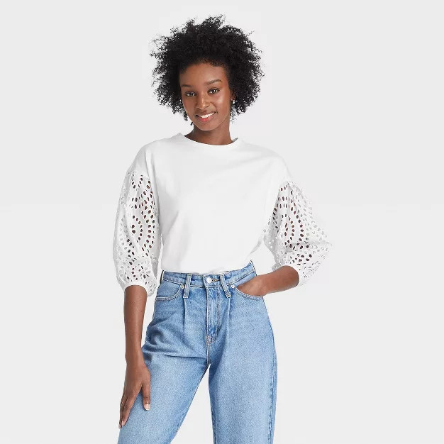 Women's Long Sleeve Round Neck Eyelet Top - A New Day™ | Target