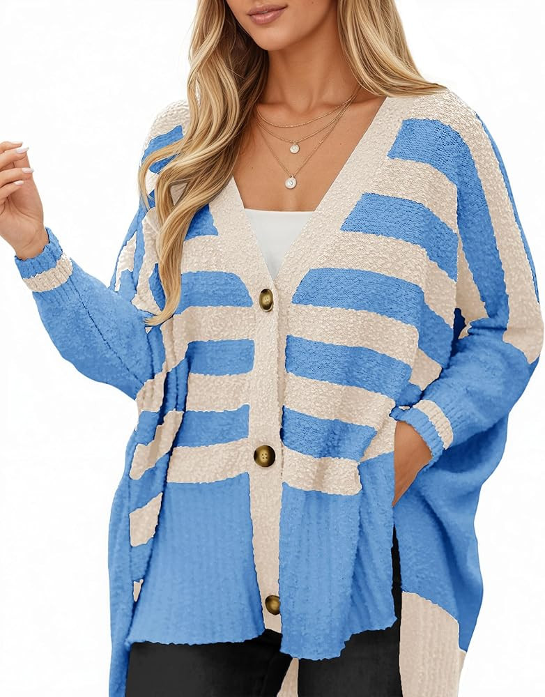 Saodimallsu Womens Oversized Striped Cardigan Sweaters V Neck Fuzzy Knit Button Up Side Slit Fall... | Amazon (US)