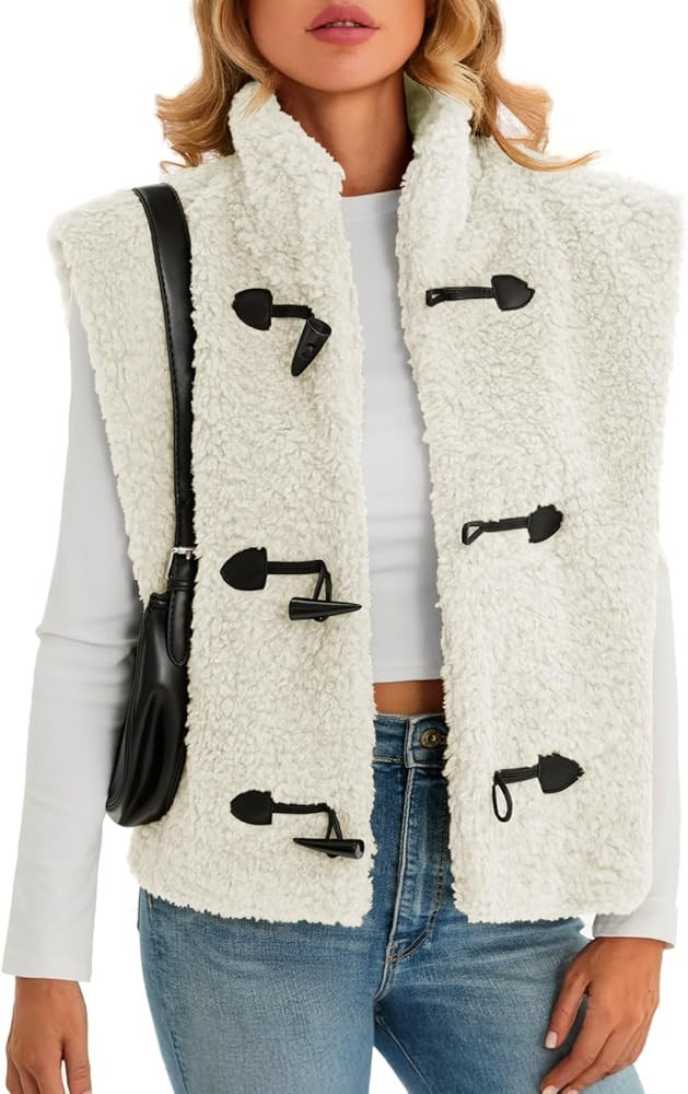 Tanakneo Womens Fuzzy Fleece Vest Cropped Sleeveless Sherpa Jacket Stand Collar Toggle Warm Outer... | Amazon (US)