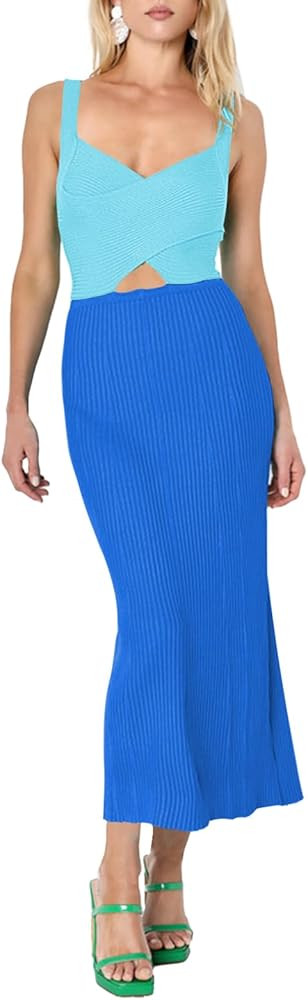 Pink Queen Women's Tank Sleeveless Cross Wrap V Neck Cutout Bodycon Ribbed Knit Midi Dress | Amazon (US)