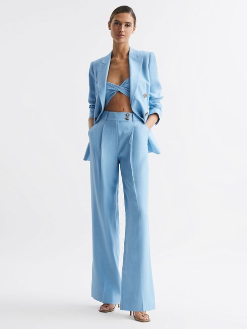 Reiss Blue Hollie Petite Wide Leg Linen Trousers | Reiss UK