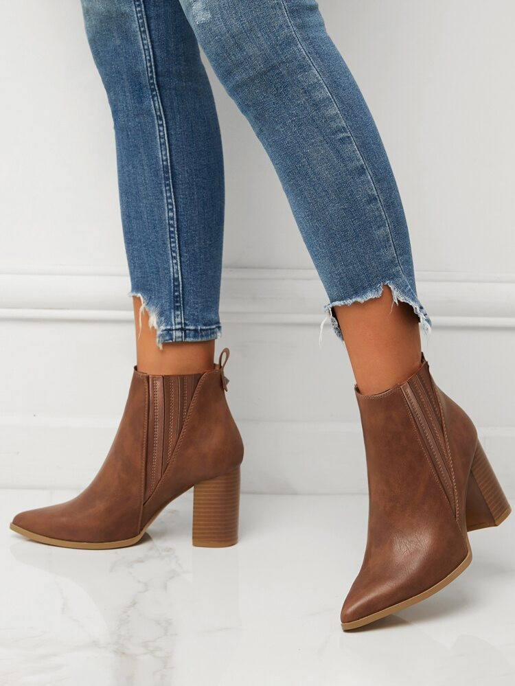 Stitch Detail Point Toe Chunky Heeled Classic Boots | SHEIN