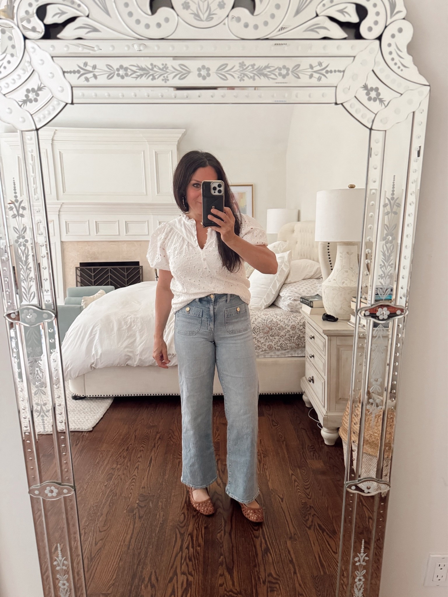 Eyelet top for women. Wide leg front pocket denim jeans

#LTKOver40 #LTKmomlife