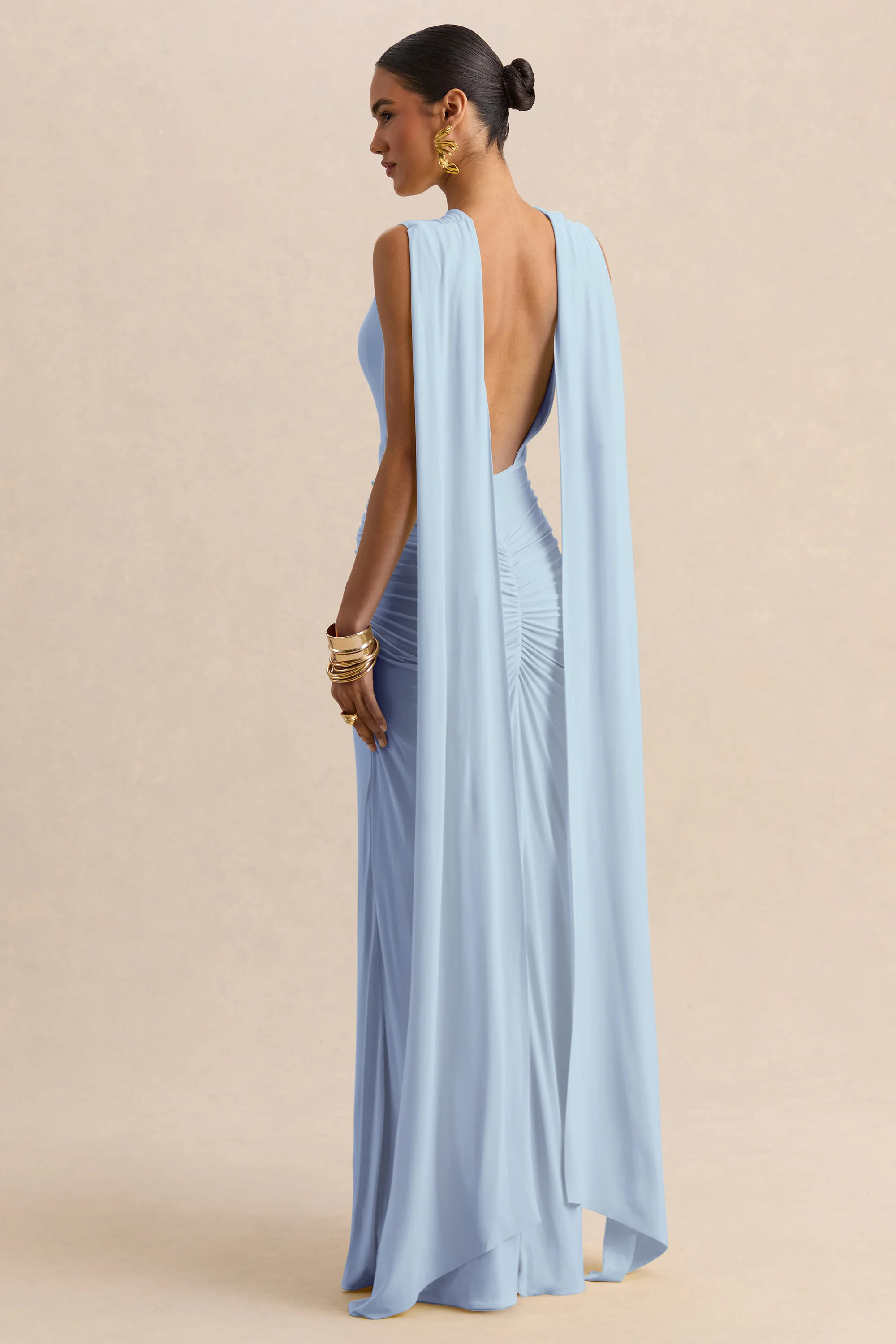 Premiere | Powder Blue Boat-Neck Maxi Dress With Cape-Sleeves And Open-Back | Club L London