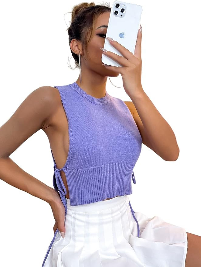 Milumia Women's Casual Sleeveless Slit Tie Side Sweater Vest Round Neck Crop Tank Top | Amazon (US)