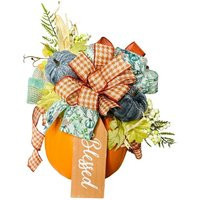 Fall Decorated Pumpkin, Pumpkin Centerpiece Arrangement With Blue Accents, Thanksgiving Decoration, Orange Florals & Bow | Etsy (US)