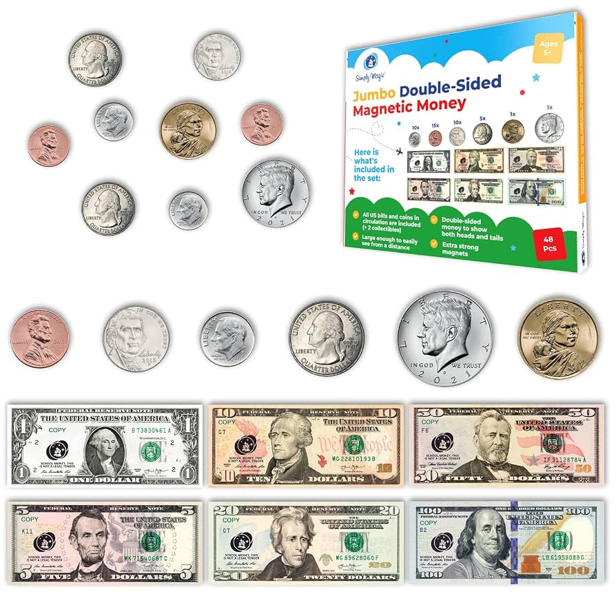 48 PCS Large Double-Sided Magnetic Money - Play Money for Kids for Learning, Pretend Money for Cl... | Amazon (US)