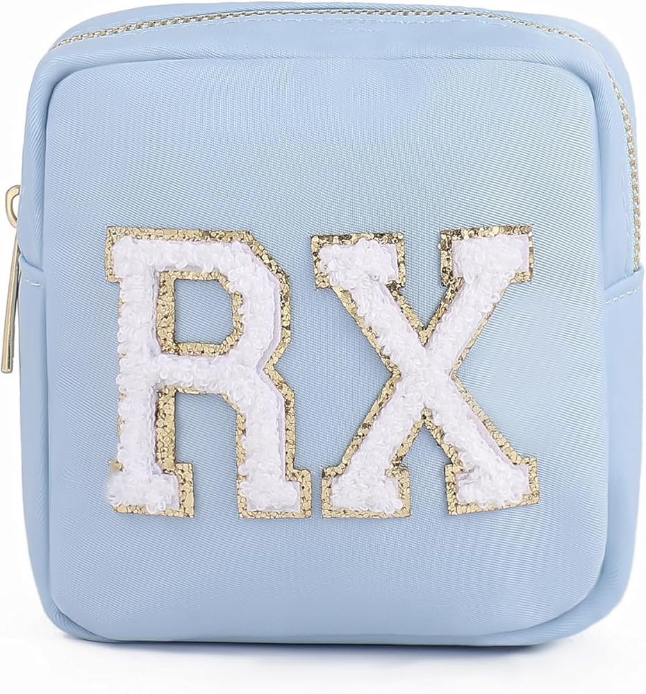 uekeboag Personalized Small Nylon Rx Cosmetic Bag, Cute Chenille Letter Patch Medicine Drug Pouch with Zipper,Preppy Makeup Travel Vitamin Bag for Women and Girls(Light Blue) | Amazon (US)