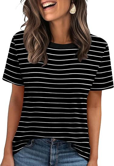 Jescakoo Womens Tops Summer Short Sleeve Ribbed Trim Crewneck T Shirts Fashion Basic Tee | Amazon (US)
