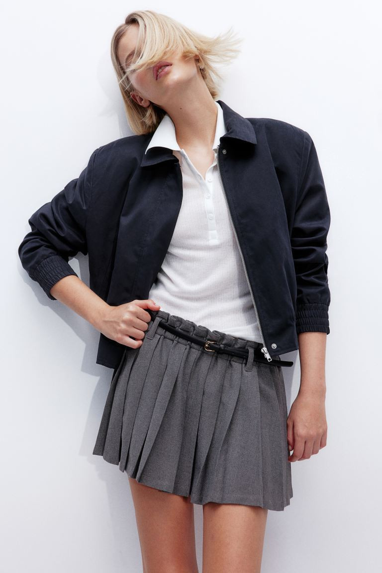 Pleated Mini Skirt - Regular waist - Mini - Gray melange - Ladies | H&M US | H&M (US + CA)
