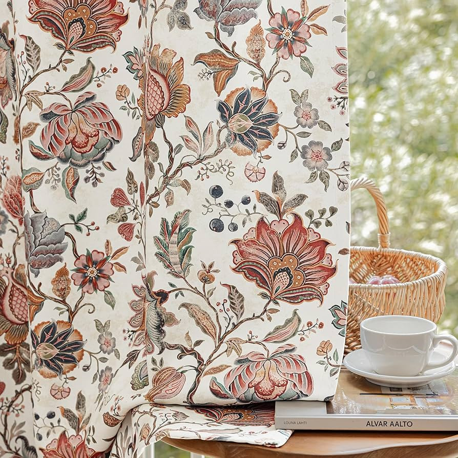 FMFUNCTEX Beige Boho Blackout Floral Curtains, 52X84 Inches, 2 Panels | Amazon (US)