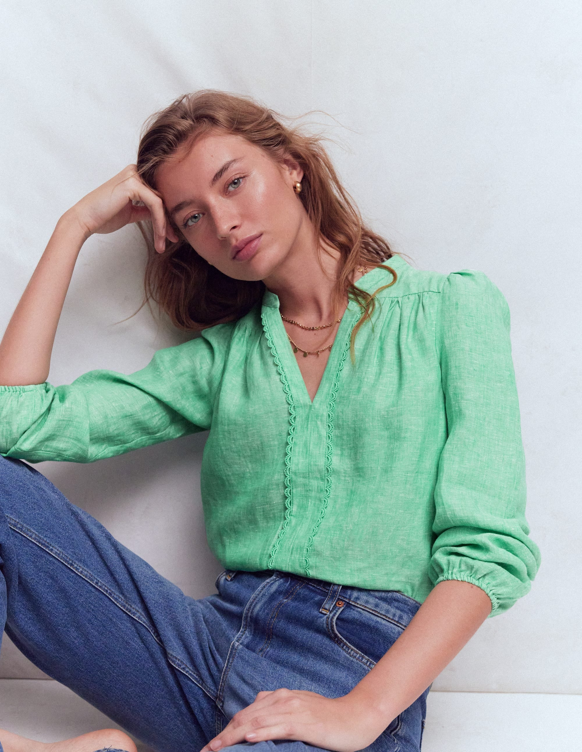 Linen Trim Insert Top-Aloe Green Chambray | Boden (US)