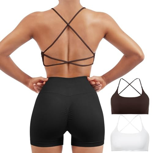 SUUKSESS Women 2 Piece Open Back Sports Bra Pack Strappy Workout Gym Yoga Crops (Dark Brown & White, XS) | Amazon (US)
