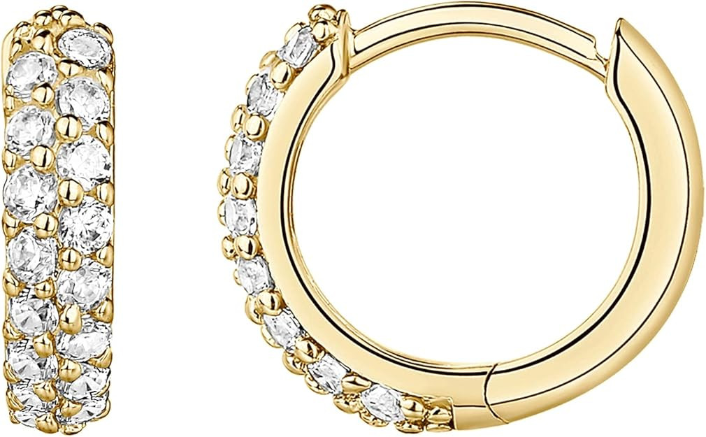 PAVOI 14K Gold Plated Sterling Silver Post Cubic Zirconia Huggie Earrings | Small Round Huggie St... | Amazon (US)