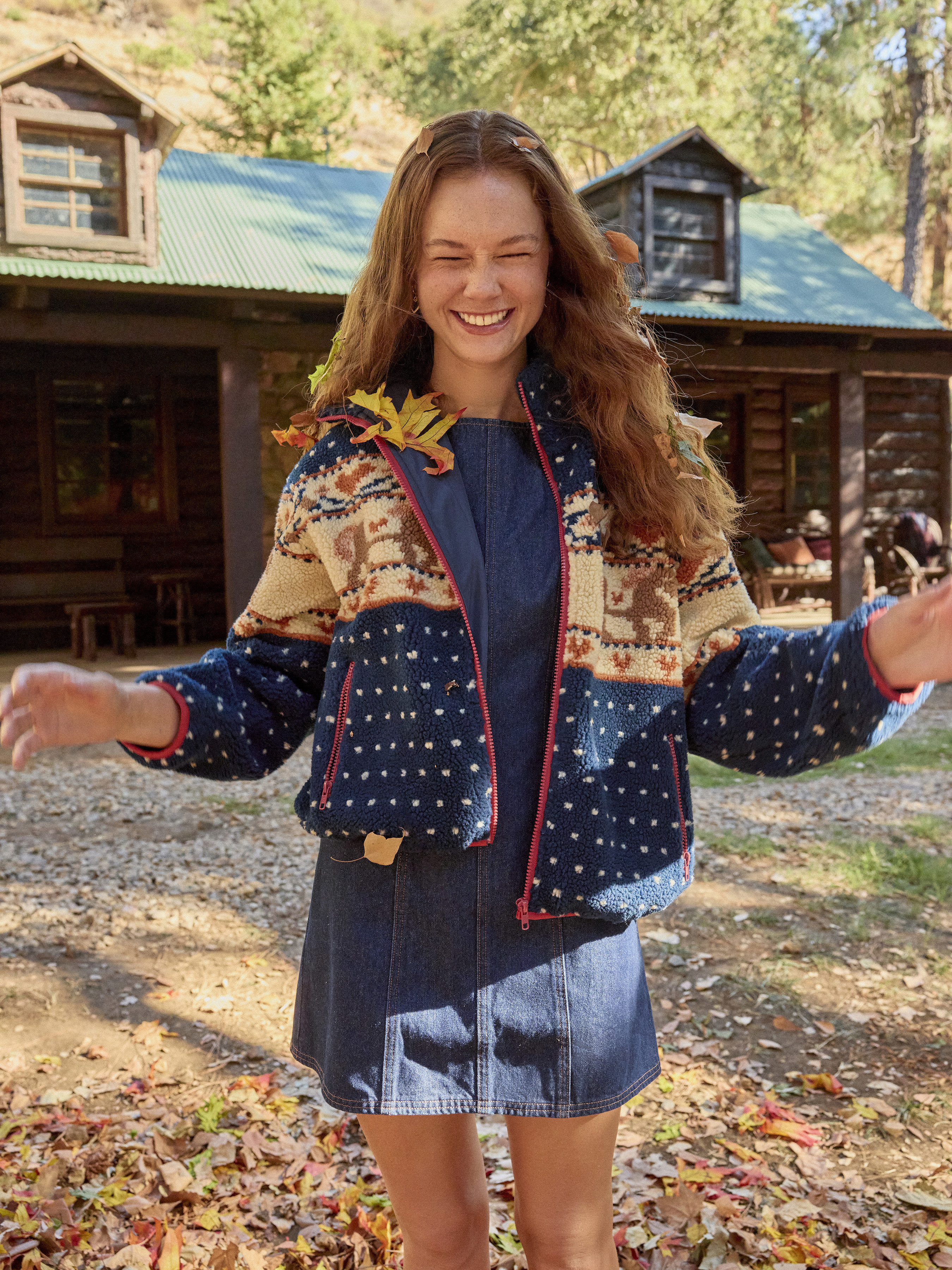 Fleece Fleece Stand Collar Fawn Polka Dot Graphic Pocket Jacket For School | Cider