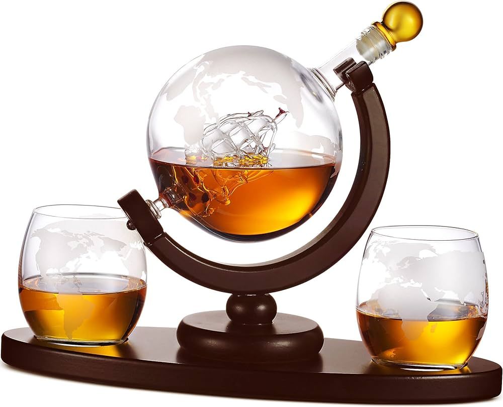 Whiskey Decanter Globe Set with 2 Etched Whiskey Glasses - for Liquor Scotch Bourbon Vodka, Gifts Fo | Amazon (US)