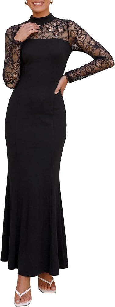 PRETTYGARDEN Women's Fall Lace Sheer Dress Bodycon Maxi Cocktail Dresses | Amazon (US)