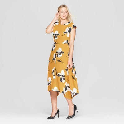 Women's Floral Print Cap Sleeve Asymmetric Hem Midi Dress - Who What Wear™ Yellow XXL | Target