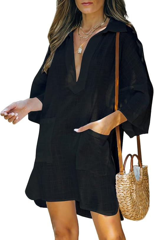 AI'MAGE Women Deep V Neck Cover Up Casual Cotton Linen Shirts Beachwear Bikini Pool Dress Half Sl... | Amazon (US)