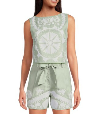 Woven Linen Floral Embroidered Boat Neck Sleeveless Crop Mod Coordinating Top | Dillard's
