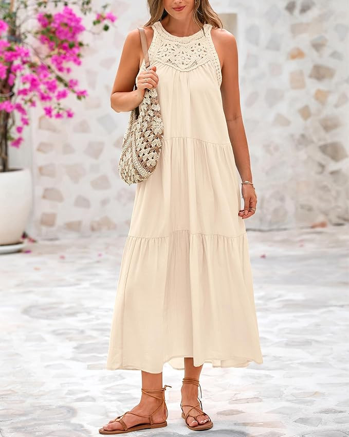 BTFBM Summer Halter Dresses for Women 2025 Casual Spring Hollow Out Sleeveless Boho Sundresses Be... | Amazon (US)