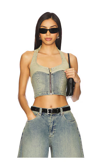 Roxie Denim Halter Top in Tint Dark Blue | Revolve Clothing (Global)