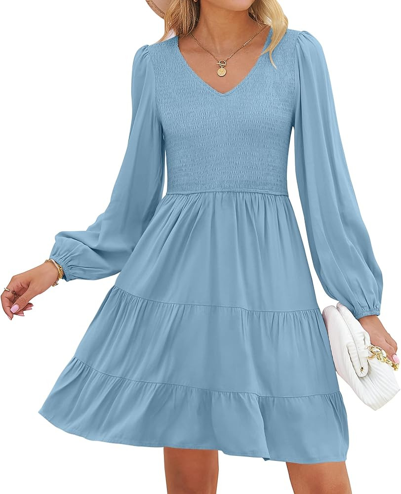 ZESICA Women's Casual V Neck Long Sleeve Smocked High Waist Ruffle A Line Tiered Mini Dress | Amazon (US)