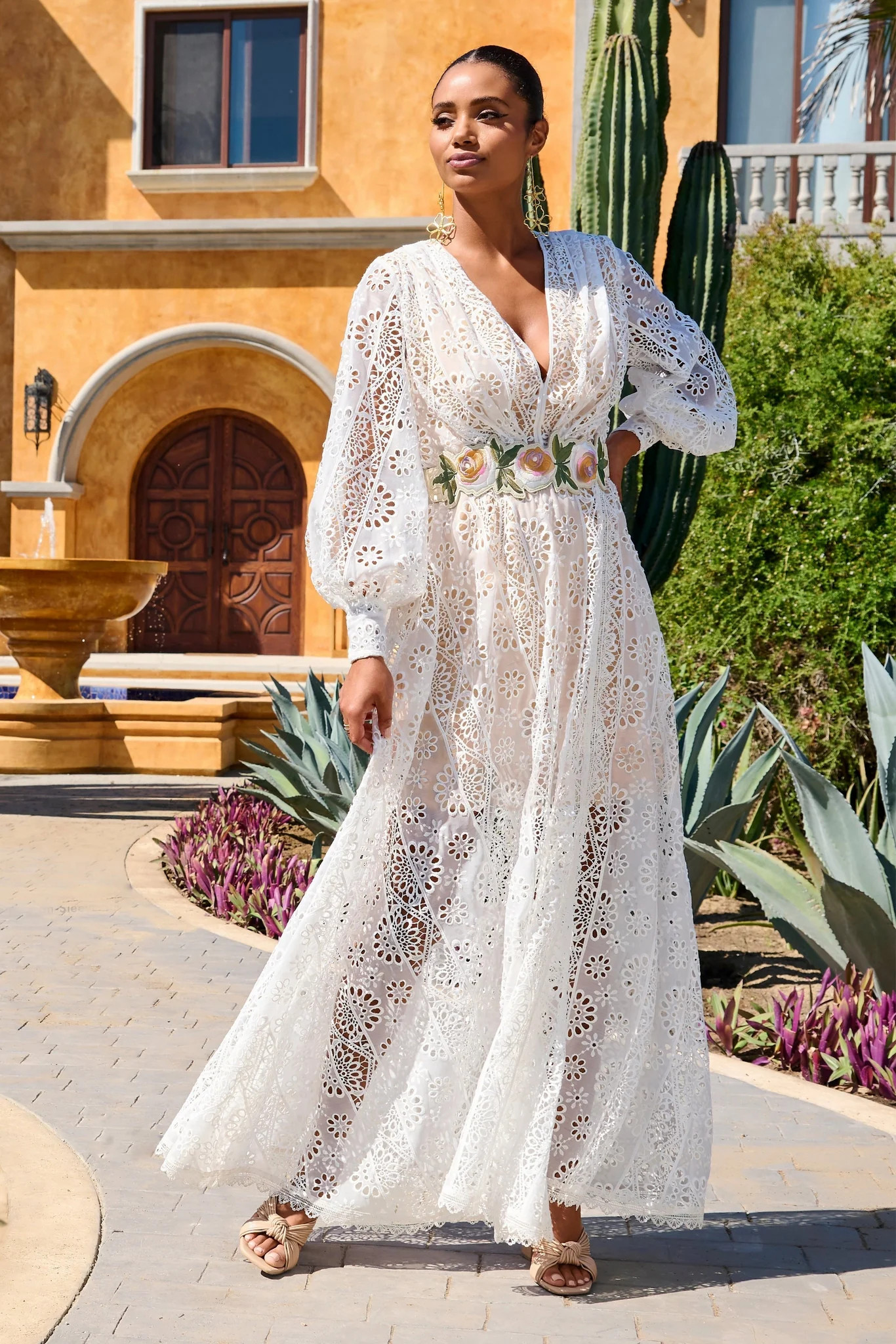 Lace Balloon-Sleeve Slit Maxi Dress White | Boston Proper