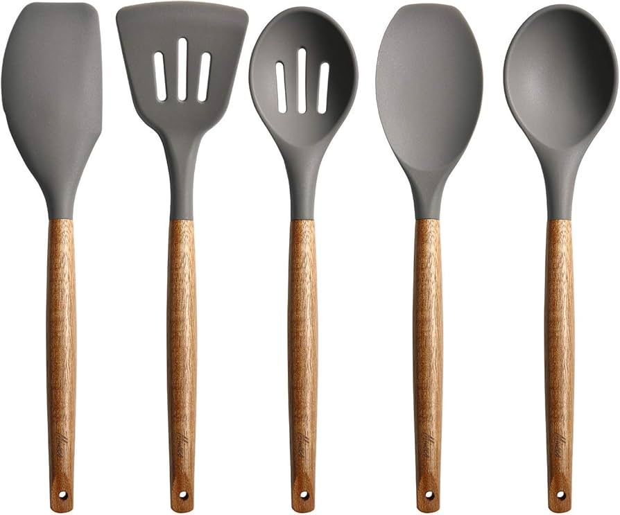 Miusco Non-Stick Silicone Kitchen Utensils Set with Natural Acacia Hard Wood Handle, 5 Pieces, Gr... | Amazon (US)