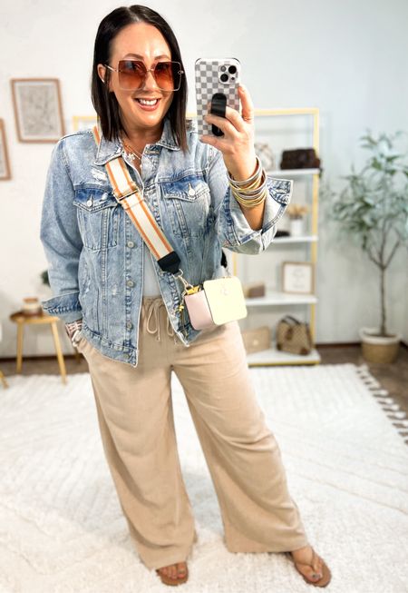 Loving these wide leg trousers from Amazon!  They’re the perfect lightweight option when you don’t want to wear shorts!  XL in mine. Linked a couple of sellers! XL ribbed tee. Flip flops are very comfortable and fit tts. XL denim jacket!  My favorite from Old Navy for several years now! 

#LTKOver40 #LTKSeasonal #LTKMidsize