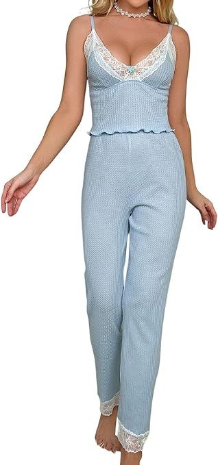 WDIRARA Women's Knit Loungewear Applique Contrast Lace Sleepwear Lettuce Trim Pajama Set | Amazon (US)