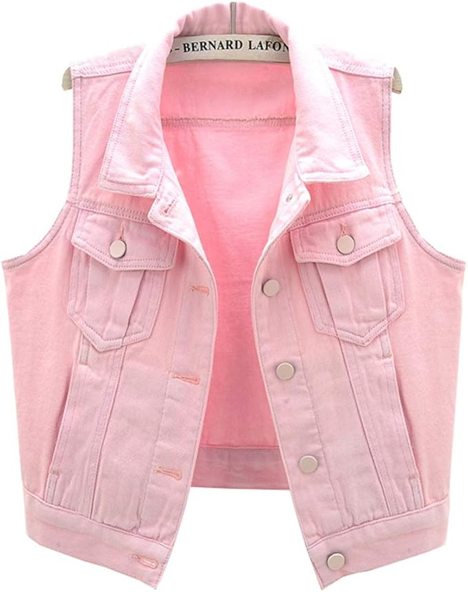 LifeShe Womens Button Up Denim Sleeveless Crop Vest Jean Jacket Pink, Pink B, Small : Amazon.ca: ... | Amazon (CA)