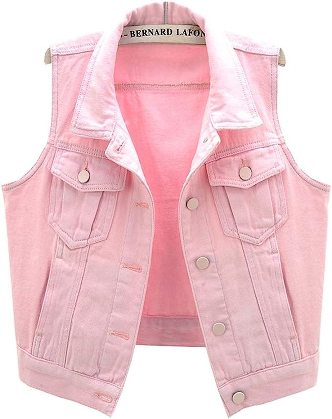 LifeShe Womens Button Up Denim Sleeveless Crop Vest Jean Jacket Pink, Pink B, Small : Amazon.ca: ... | Amazon (CA)