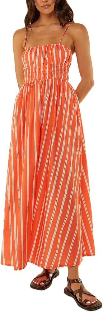 Luckinbaby Women Smocked Cami Maxi Dress Striped Spaghetti Strap Y2k Flowy Sundress Sleeveless Sh... | Amazon (US)