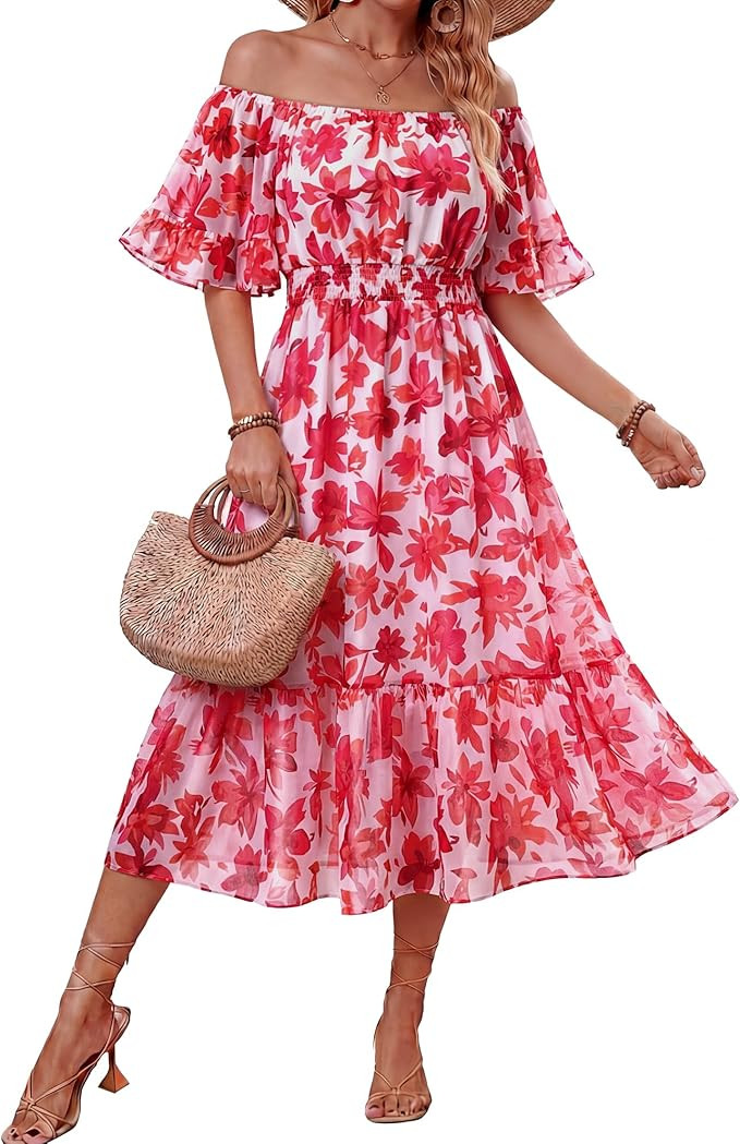 Women's Summer Boho Off Shoulder Midi Dress Ruffle Sleeve Smocked Elastic Waist Flowy Dresses | Amazon (US)