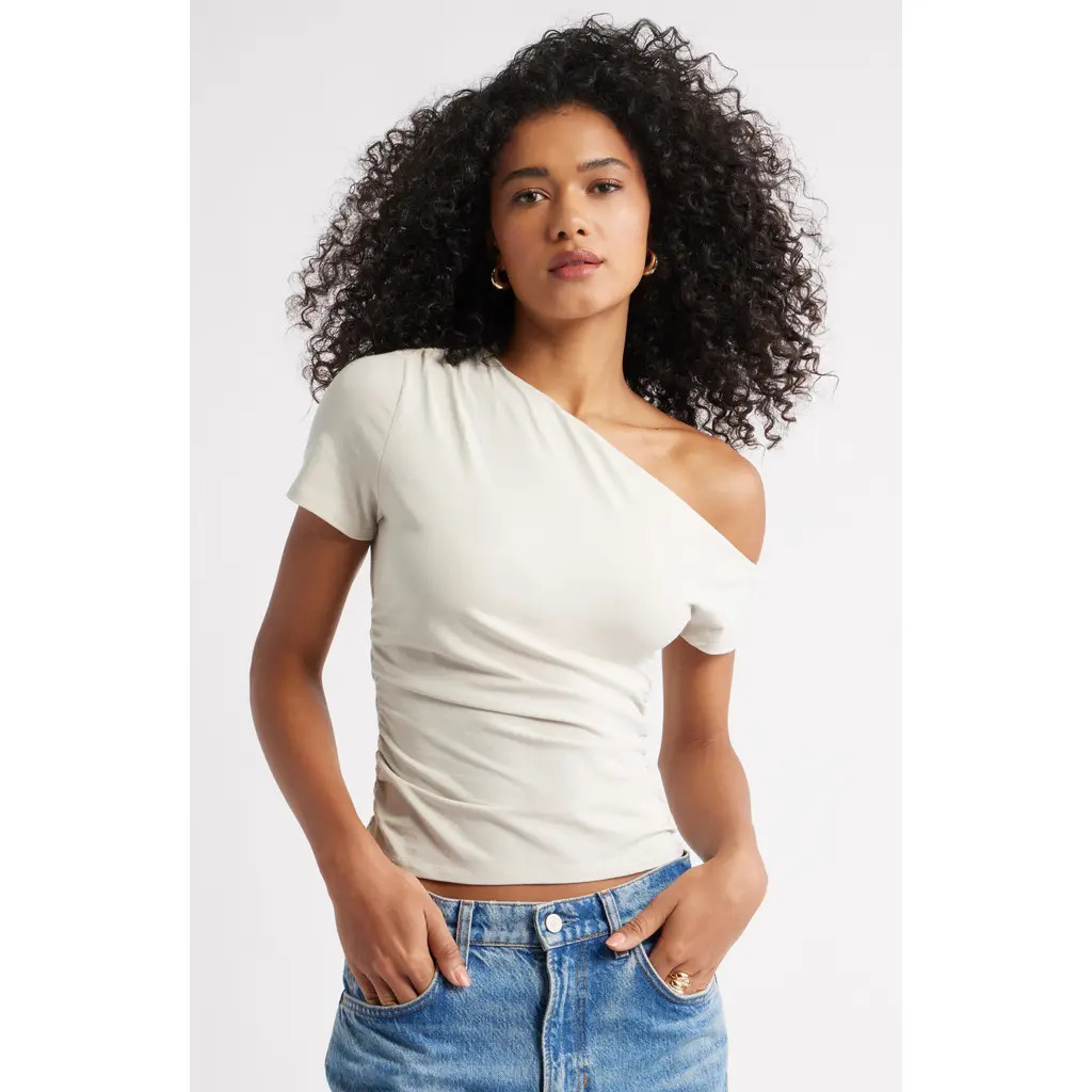 Open Edit Ruched Off the Shoulder T-Shirt in Beige Pumice at Nordstrom, Size Large | Nordstrom