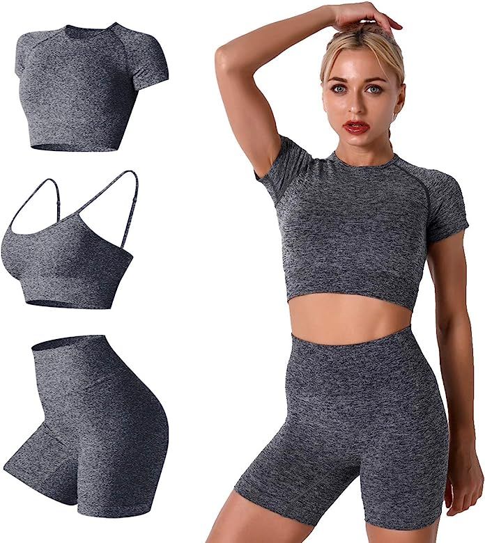 Women Seamless Yoga Outfits 2 Piece Workout Short Sleeve Crop Top with High Waisted Running Short... | Amazon (US)