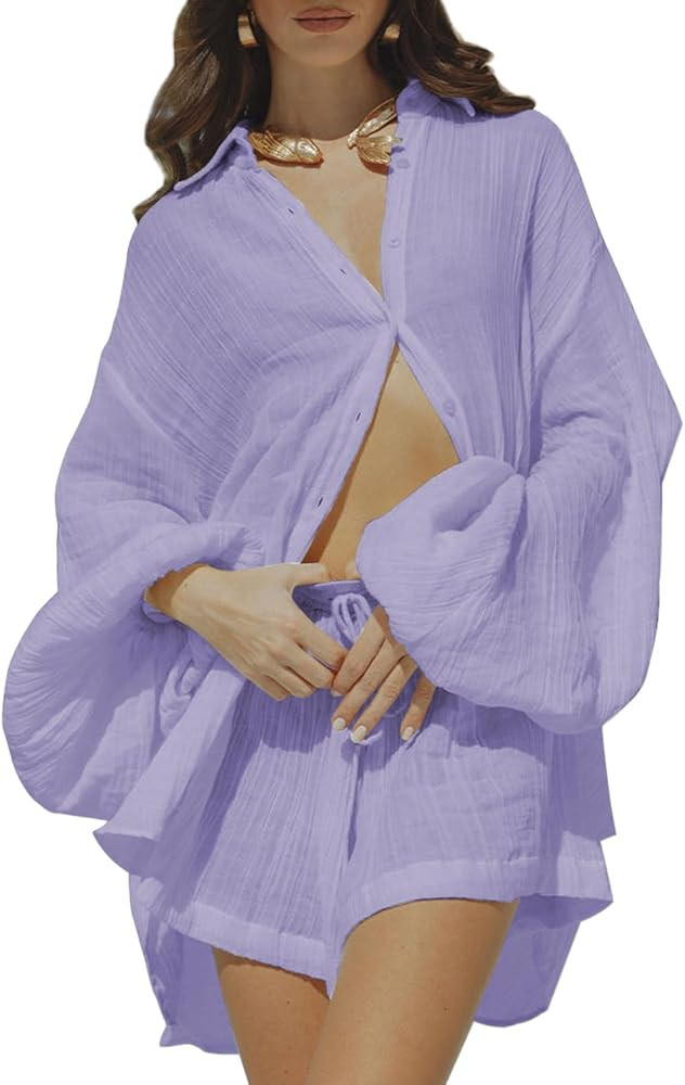 Fixmatti Women 2 Piece Outfits Summer Shorts Sets Lantern Sleeve Button Down Shirt and Shorts Swe... | Amazon (US)