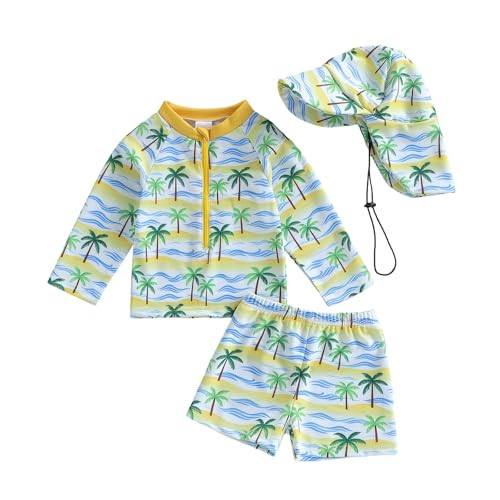 Hnyenmcko Toddler Baby Boys Swim Set Long Sleeve Rashguard Swimsuit Shirt Trunks Infant Bathing Suit Swimwear with Hat (95% Polyester+5% Spandex-Lemon Yellow, 2-3 Years) | Amazon (US)