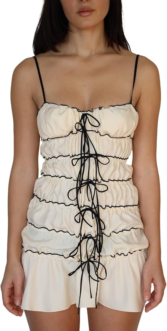 Going Out Dresses for Women Y2k Spaghetti Strap Sleeveless Pleated Bodycon Mini Dress Cute Summer... | Amazon (US)