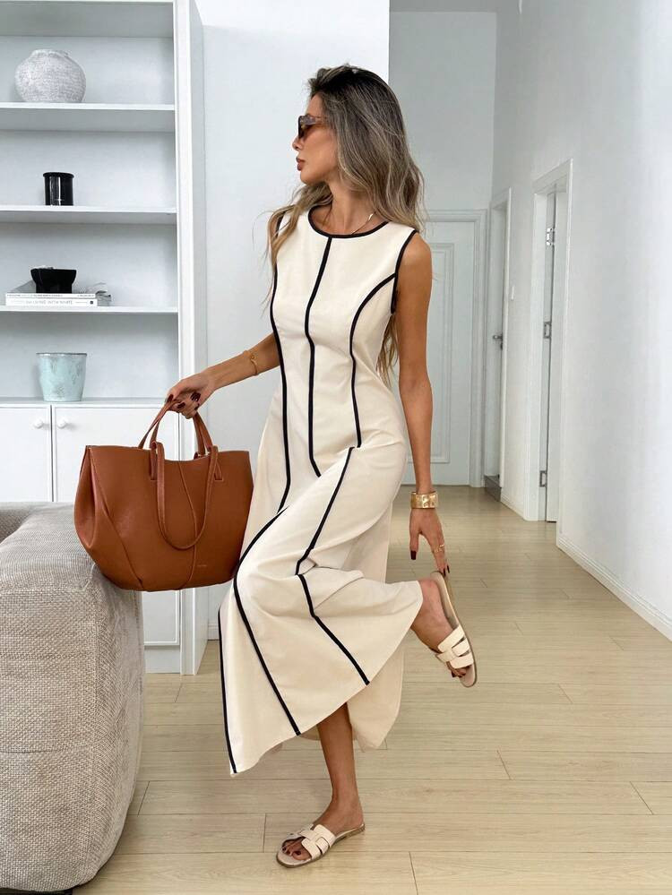 Easowa Women's Elegant Summer Sleeveless Round Neck Color Block Dress,Beige Waist-Cinched Maxi Dress Casual Long Outfits,Tea Party Black And White | SHEIN