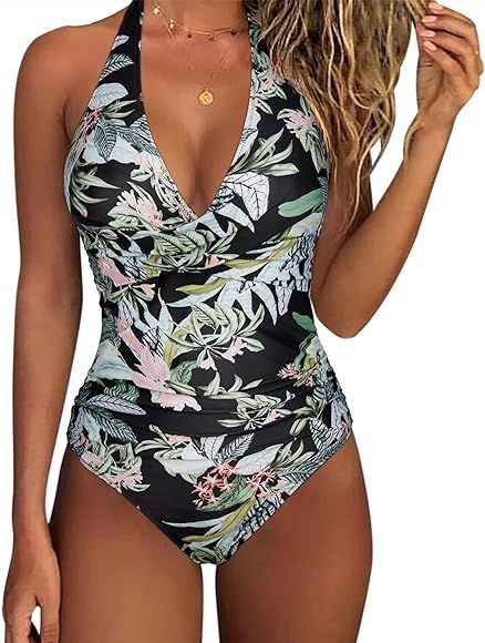 SUUKSESS Women Sexy Tummy Control One Piece Swimsuits Halter Push Up Bathing Suits | Amazon (US)