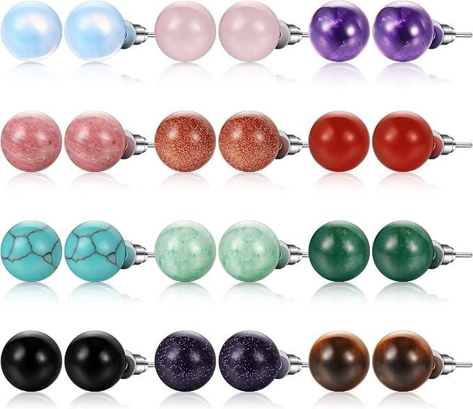 12 Pairs Natural Agate Stone Ball Studs Crystals Gemstone Amethyst Rose Quartz Earrings Studs Rou... | Amazon (US)