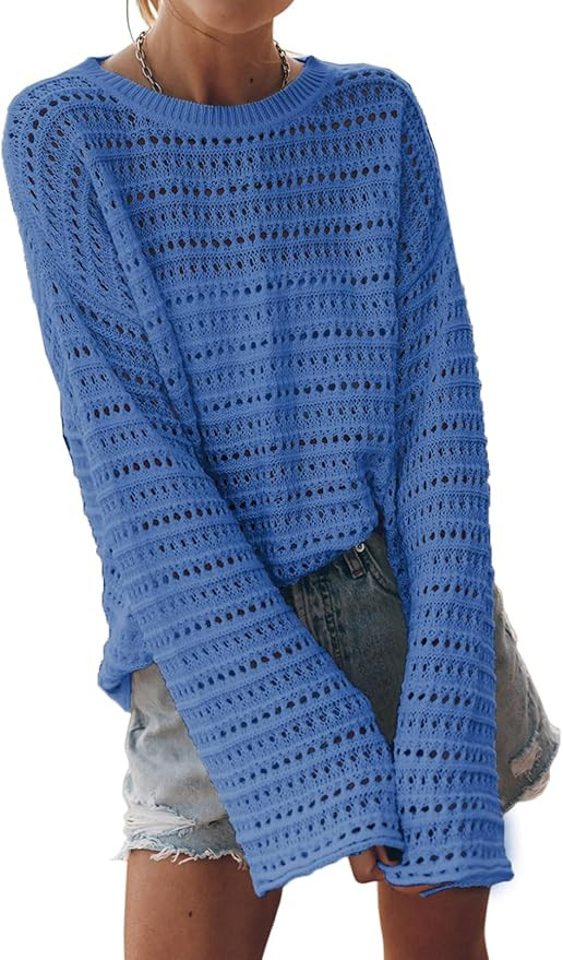 Sidefeel Womens Summer Sweaters 2026 Lightweight Casual Long Sleeve Crochet Tops Hollow Out Knit ... | Amazon (US)