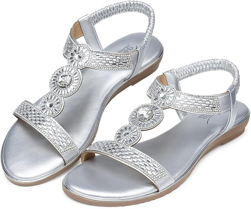 SHIBEVER Sandals Women Dressy Summer: Comfortable Rhinestones Bling Flats Ankle Strap Sandals | Amazon (US)